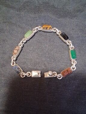 .925 Silver,Multi Stone,Taxco Vintage Bracelet.7.5", 23.5g.Stamped/Hallmark